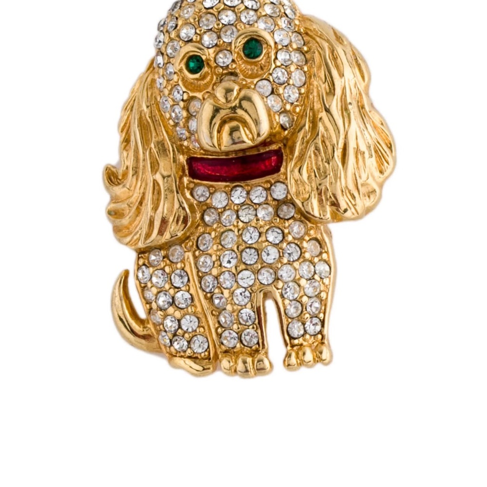Kenneth Jay Lane Gold Tone and Red Dog Brooch with Green Accents